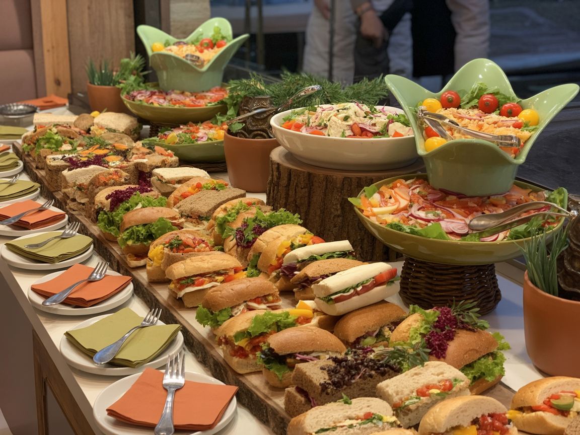 Colorful buffet with variety of sandwiches and salads
