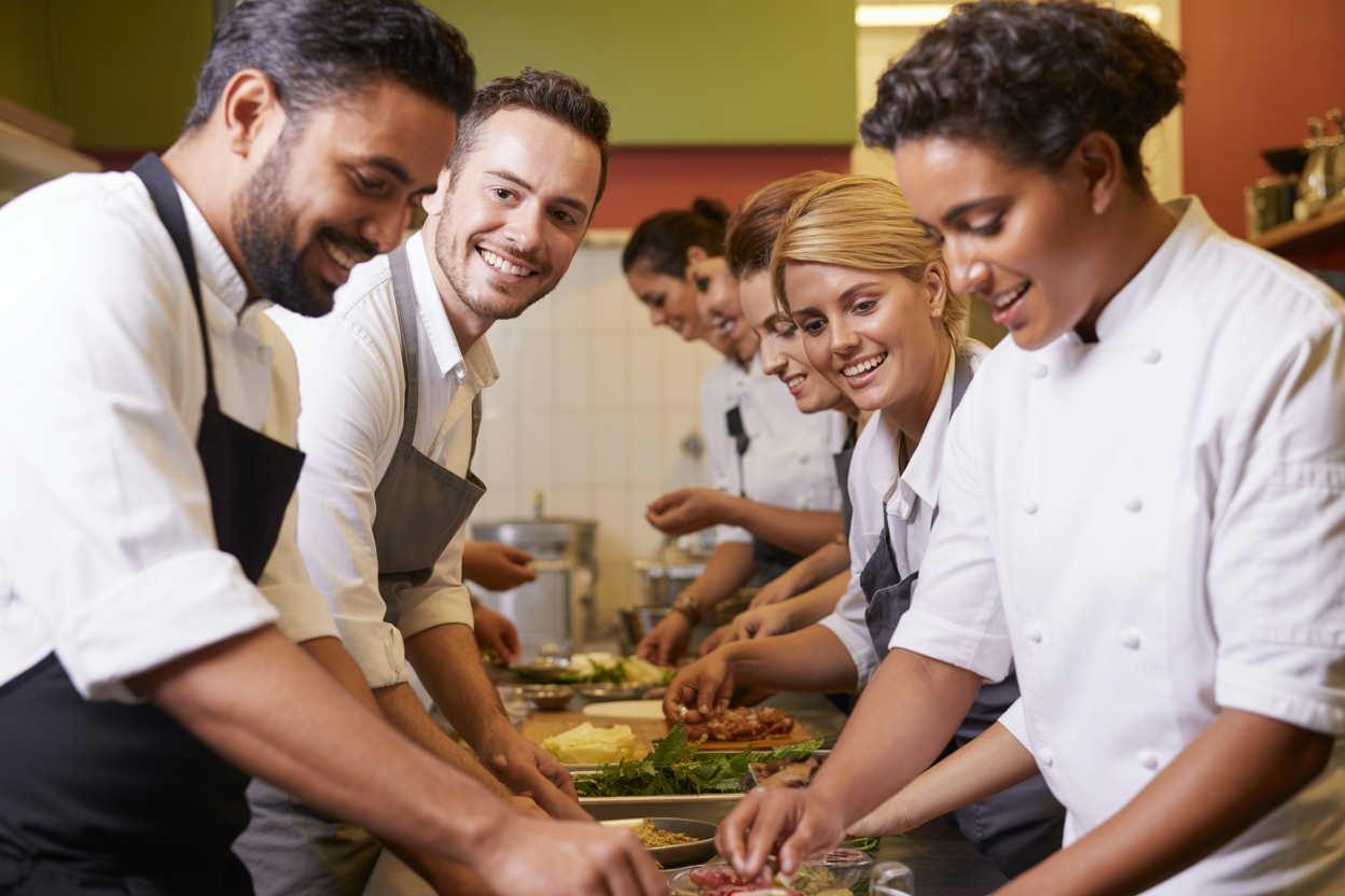 Waltham Village Catering team in commercial kitchen