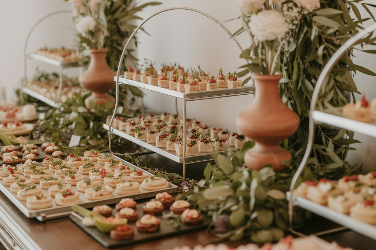 Beautiful wedding food display with tiered platters